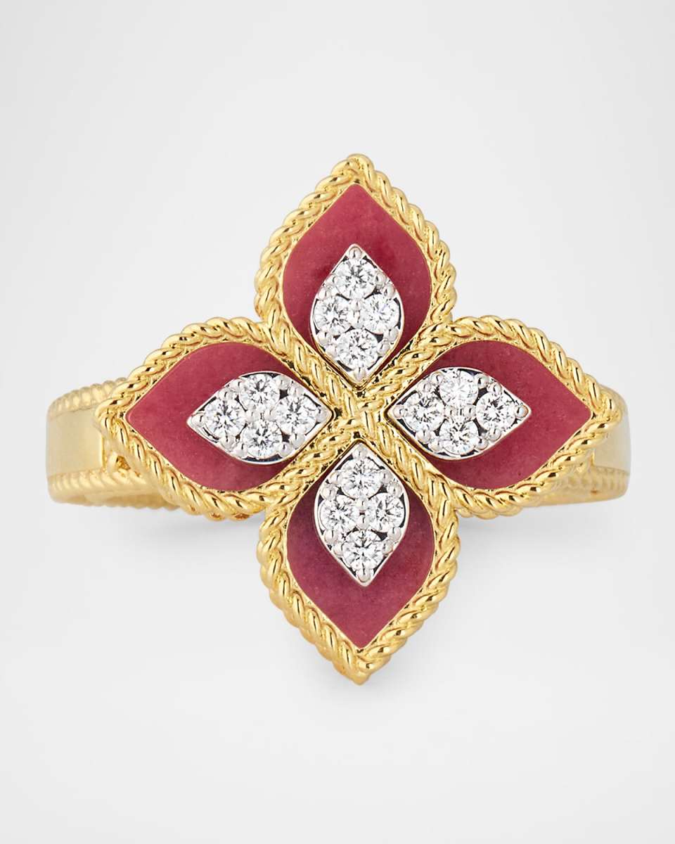 18K Yellow Gold Diamond and Rhodonite Ring, Size